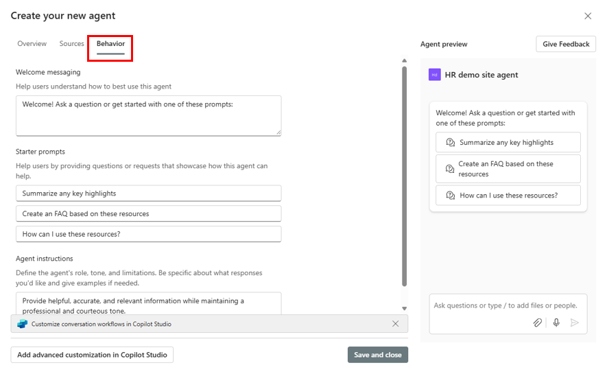 Screenshot of the Create your new agent form with the Behavior tab highlighted.
