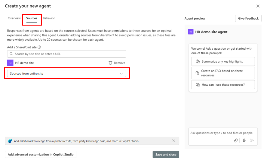 Screenshot of the Create your new agent form with the Sources tab and the Sources field highlighted.