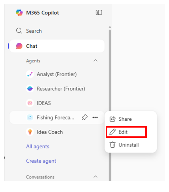 Screenshot of the navigation pane on the Microsoft 365 home page that shows the menu for an agent. In the menu, the Edit option is highlighted.