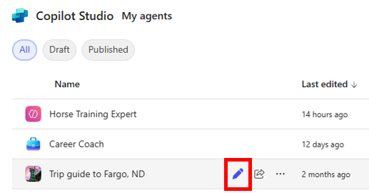 Screenshot of the My agents page with the Edit icon highlighted for one of the agents.