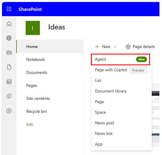 Screenshot of a SharePoint site with the New drop-down menu showing the Copilot option highlighted.
