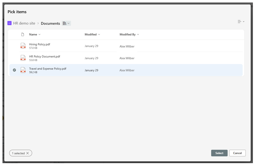 Screenshot of the Pick items form for the SharePoint site's Documents library. One of the files is selected.