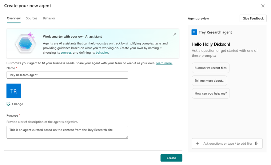Screenshot of the Create your new agent form to create a SharePoint agent.