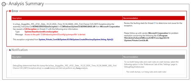 Screenshot of .NET second hand exception summary.