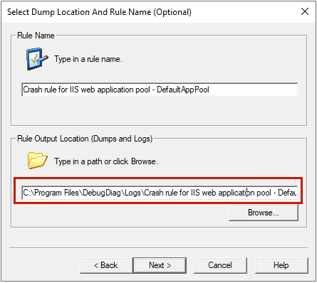 Screenshot of the Select Dump Location And Rule Name (Optional) window.