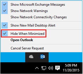 Screenshot shows the Outlook Hide When Minimized option is selected.