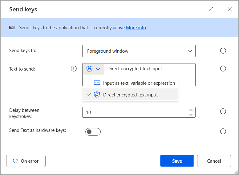 Screenshot that shows the Direct encrypted text input option in a desktop flow action.