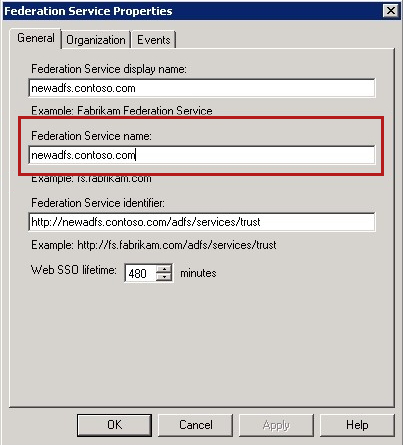 Screenshot of the Federation Service Properties window where you can check the Federation Service name.