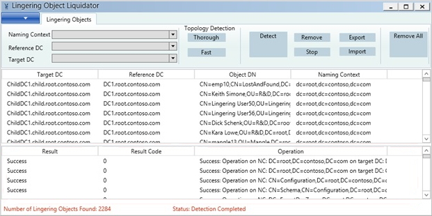 Screenshot of the Lingering Object Liquidator window with the lingering objects within the main content pane displayed.