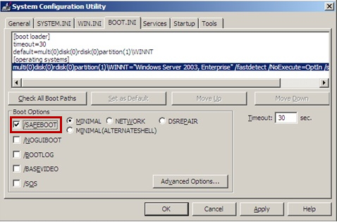 Screenshot of the BOOT.INI tab of the System Configuration Utility window.