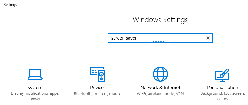 Screenshot of the Settings window in which you can search a term.