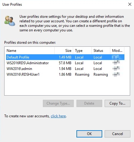 Screenshot of the User Profiles windows with Default Profile selected.