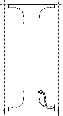 Screenshot of capital i. An arrow indicates a link between a point on the right edge of the stem to a point on the lower right serif.