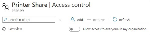 A screenshot of the Admin Portal showing the new "Allow access to everyone in my organization" control when managing printer permissions.