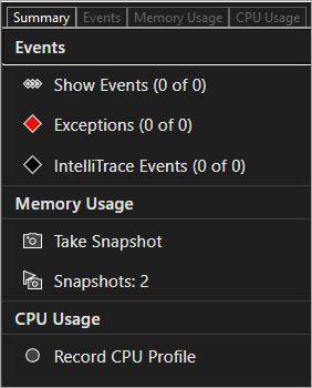 Screenshot of the Diagnostic Tools Summary tab showing the Memory Usage timeline graph and process memory chart.