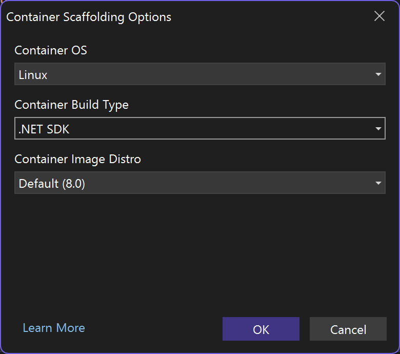 Screenshot showing the Container Scaffolding Options dialog for adding Docker support with .NET SDK selected as the container build type.