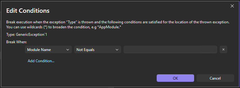 Edit Conditions Screenshot of exception conditions.