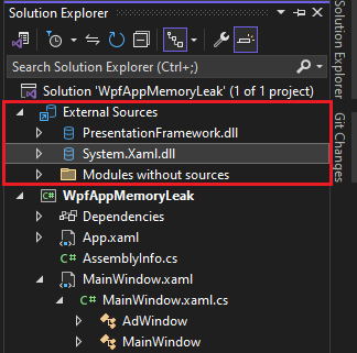 Screenshot of External Sources node showing decompiled assemblies.