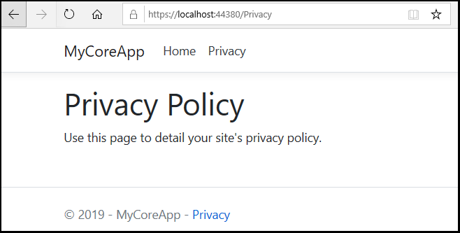 Screenshot shows the MyCoreApp Privacy page with the following text: Use this page to detail your site's privacy policy.