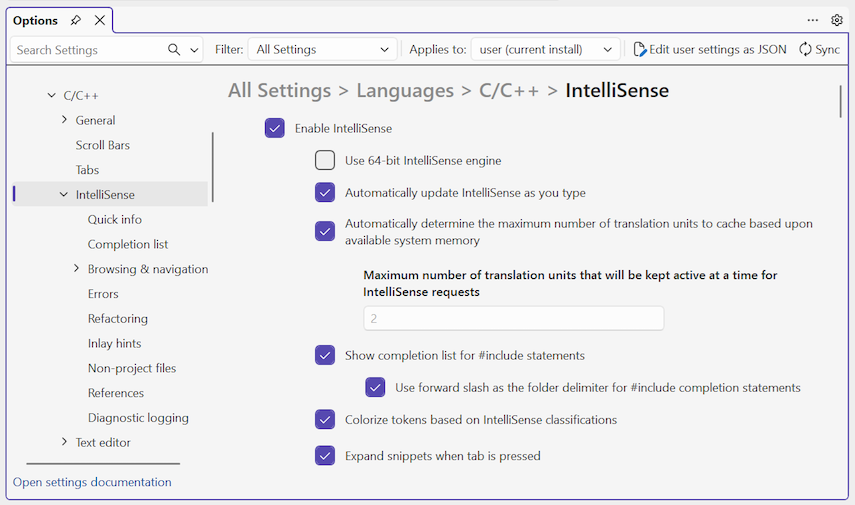 Screenshot that shows the IntelliSense options for C++ in the Tools Options dialog.