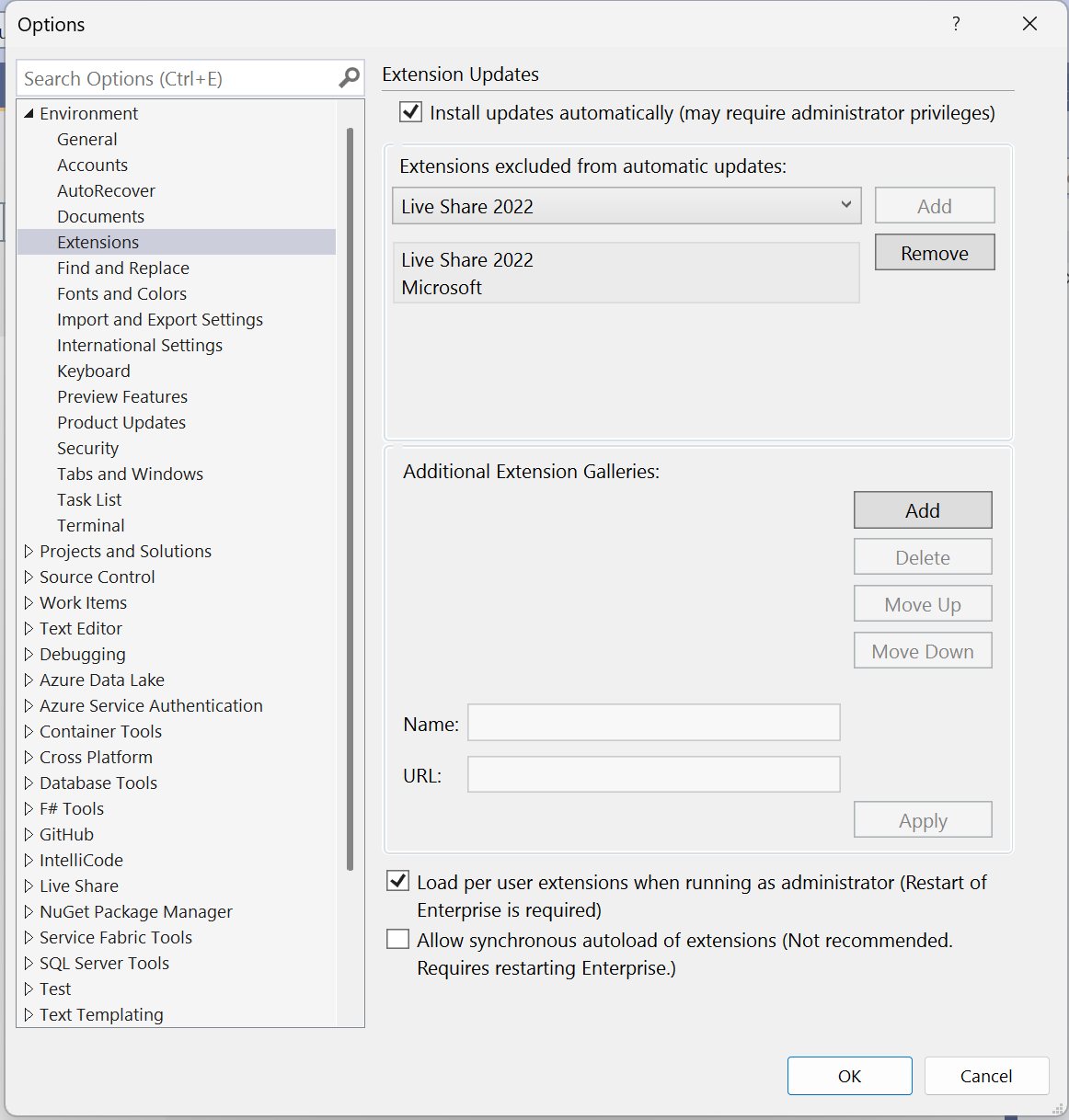 Screenshot showing how to configure automatic extension updates in Tools > Options.