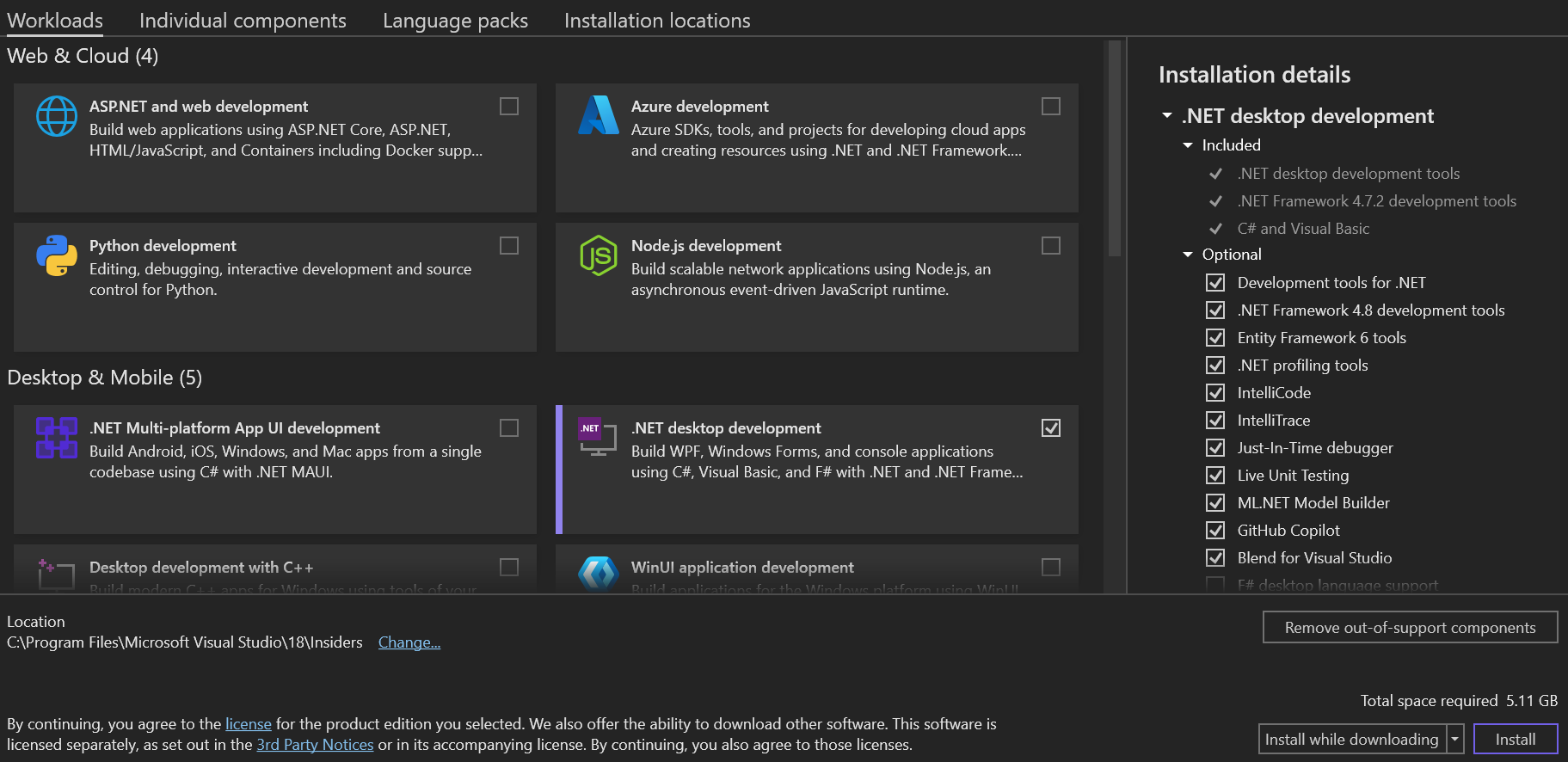 Screenshot showing the Workloads tab of the Visual Studio Installer.