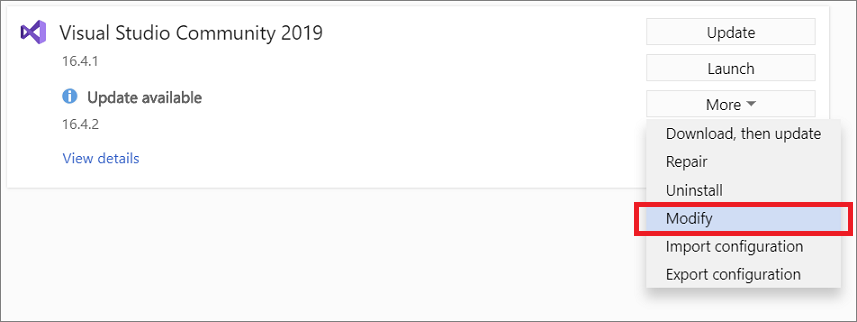 Screenshot showing the Modify button in the Visual Studio Installer, which is located in the More dropdown menu when an update is pending.