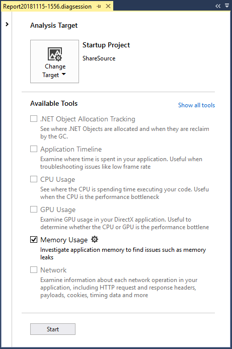 Start a Memory Usage diagnostic session.