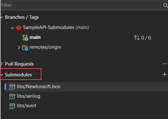 Screenshot of the Submodules section in the Git Repository window with three submodules.