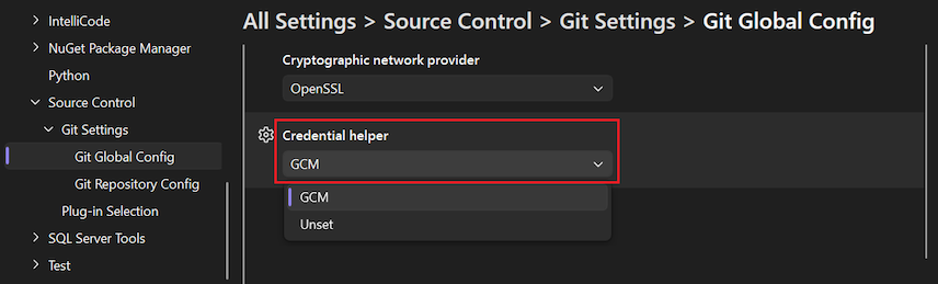 Screenshot that shows the 'Credential helper' option with 'GCM' selected in the dropdown list.