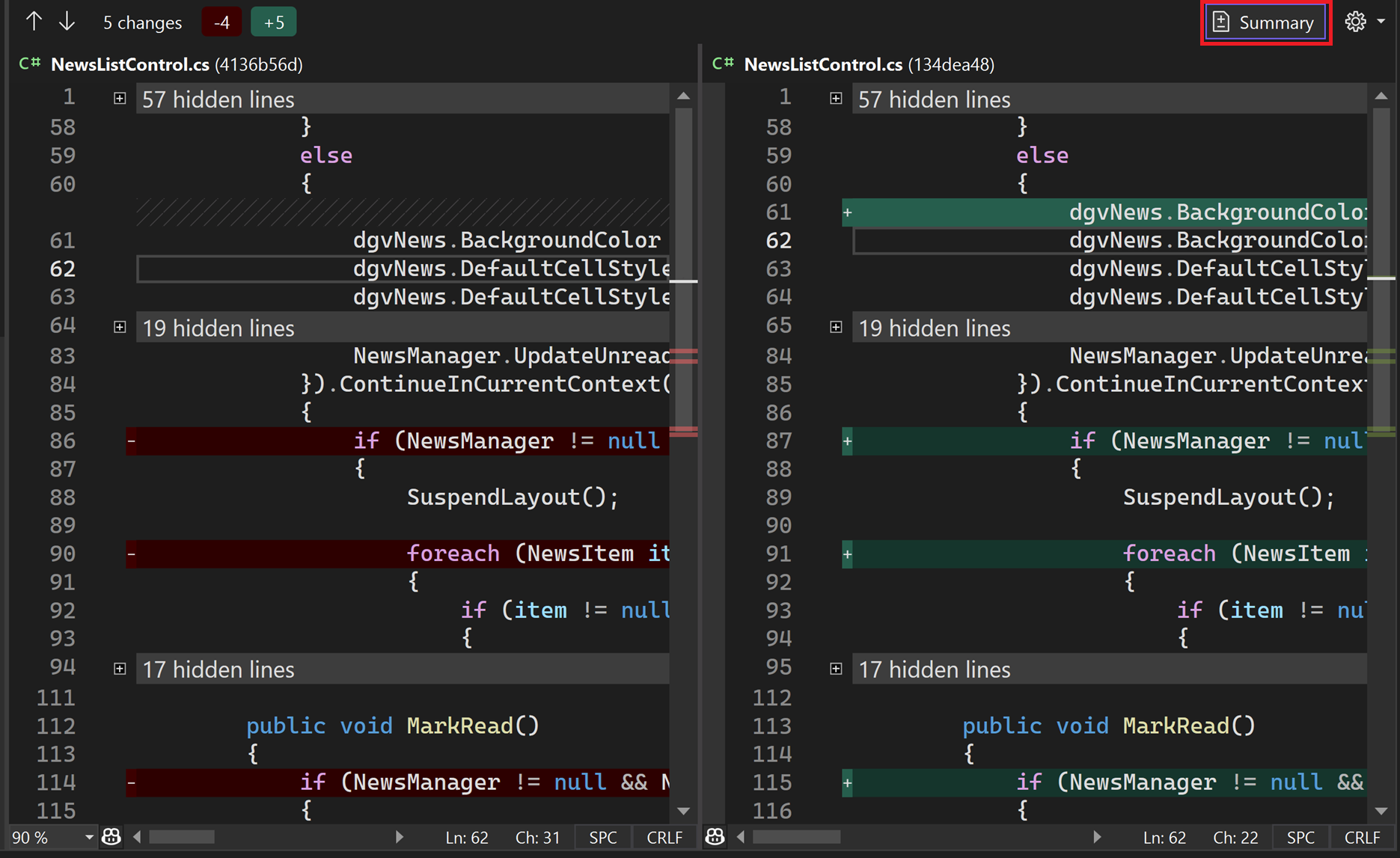 The New Pull Request window with the summary button text highlighted in Visual Studio 2022.