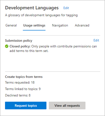Screenshot showing the Usage settings tab and the Create topics from terms section in the SharePoint admin center for viewing the status of a multiple terms.