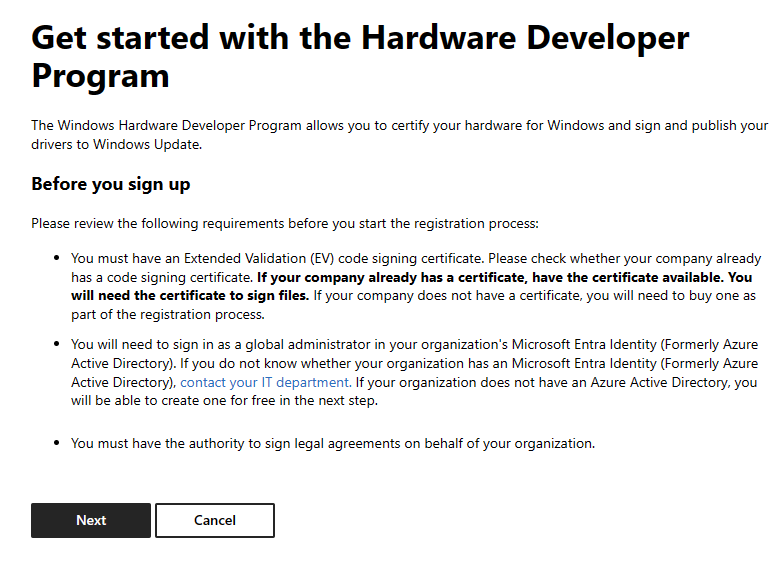 Screenshot of the first page of the Hardware Developer Program registration process. The 'Next' button is selected.
