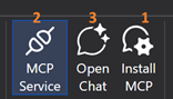 Screenshot of the WinDbg ribbon with Install MCP, MCP Service, and Open Chat controls numbered one through three.