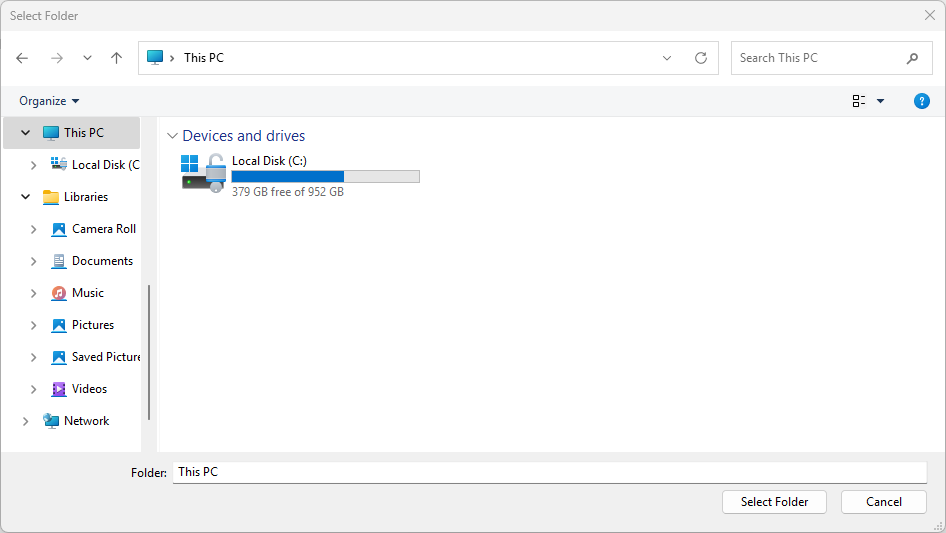Screenshot of a folder picker viewing the C drive.