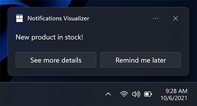 A screenshot of an app notification showing a line of text followed a row with two buttons defined by action elements".