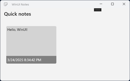 The notes app UI with the note list showing the note content and date formatted by a data template.