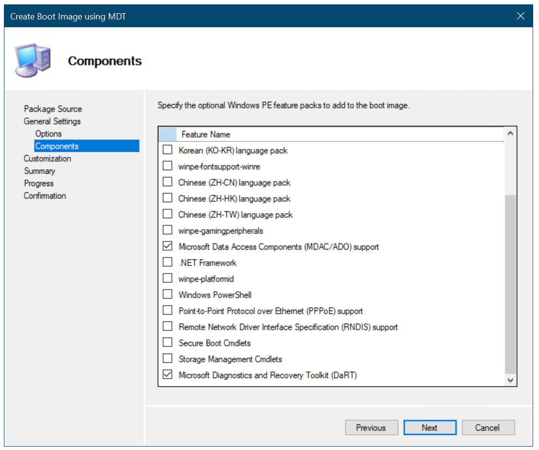 Add the DaRT component to the Configuration Manager boot image.