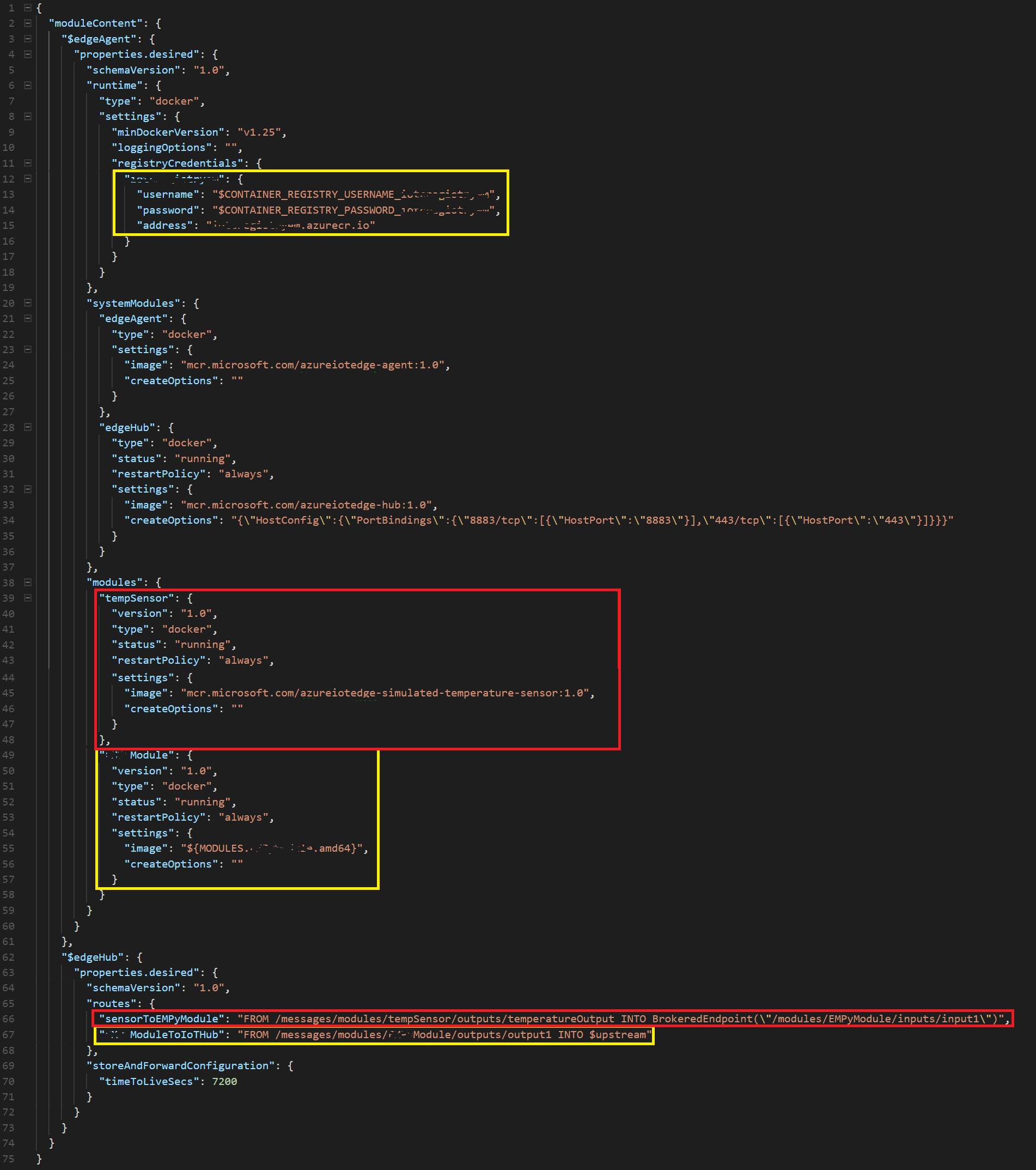 Screenshot that shows code lines 12 to 15, 49 to 57, and line 67 circled in yellow. Code lines 39 to 48 and line 66 are circled in red.