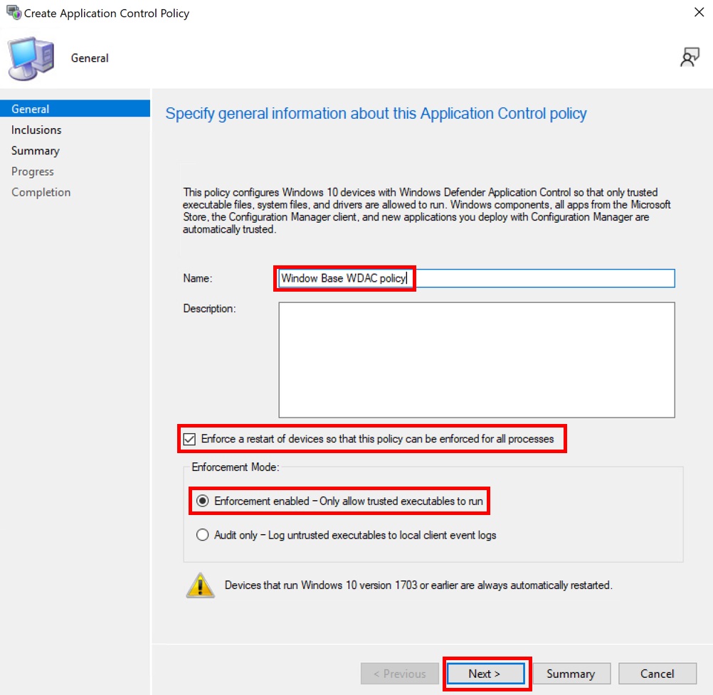 Create an enforced WDAC policy in Configuration Manager.