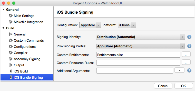 The iOS Bundle Signing dialog