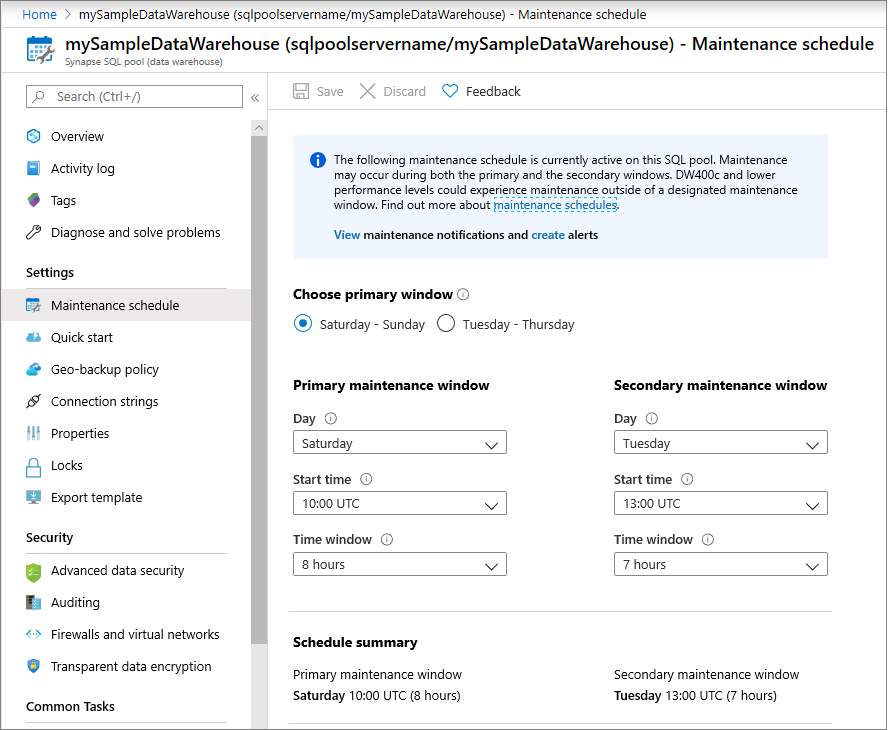 Screenshot of the maintenance settings window.