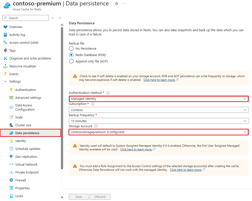 Screenshot showing data persistence pane with authentication method selected.