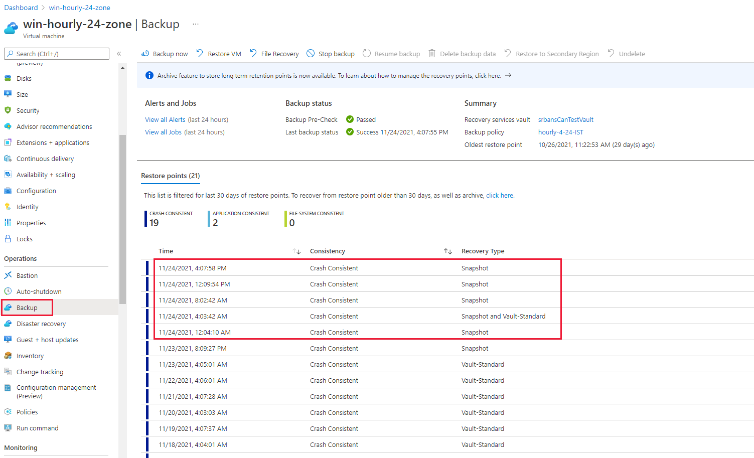 Screenshot that shows the multiple backup instances that occurred in a day.