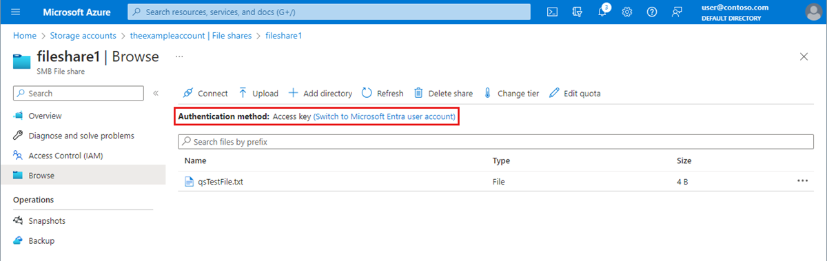 Screenshot that shows the authentication method set to access key.