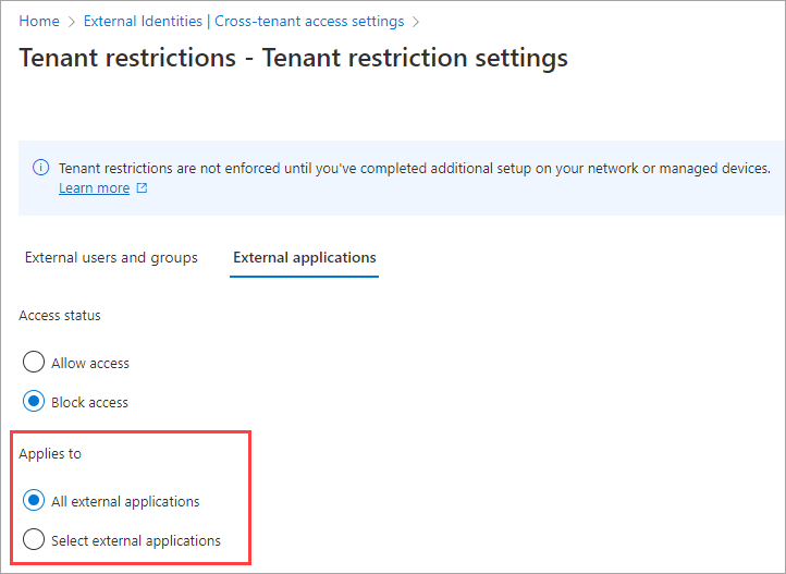 Screenshot that shows the tab for external applications.