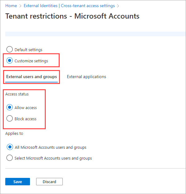 Screenshot that shows selecting the option to allow access for external users.