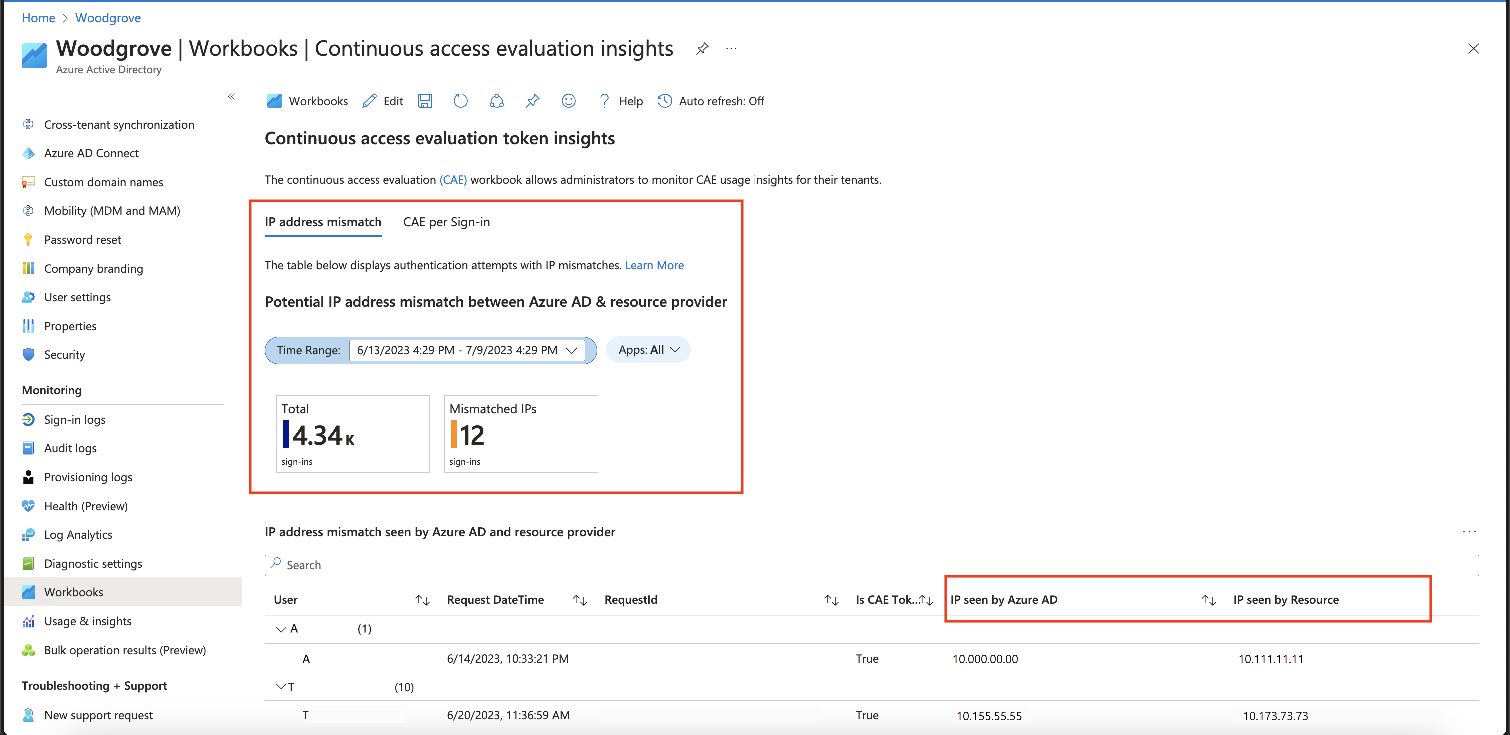 Screenshot of cae-workbook with an example of IP address seen by resource filter.