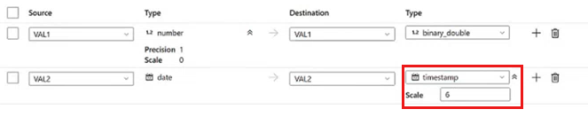 Screenshot of mapping destination column type.