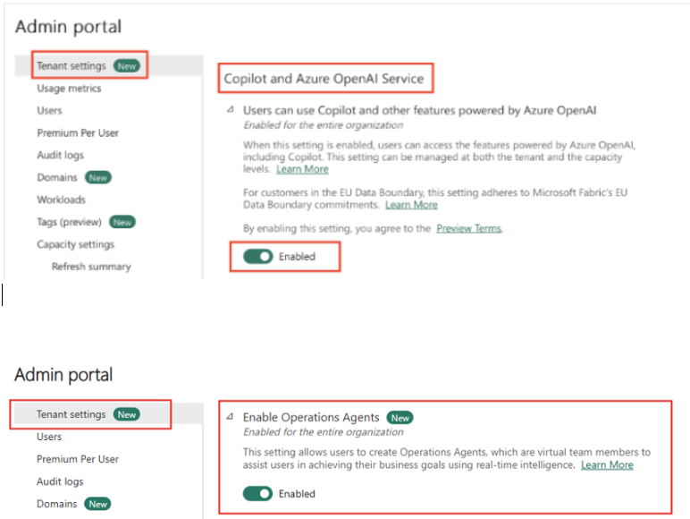 Screenshot of the Admin portal to enable permissions.
